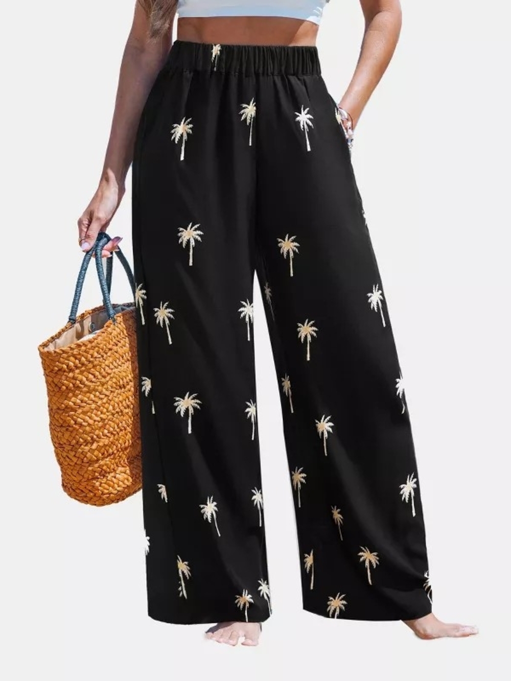 Cupshe Black Palm-Print Wide Leg Pants